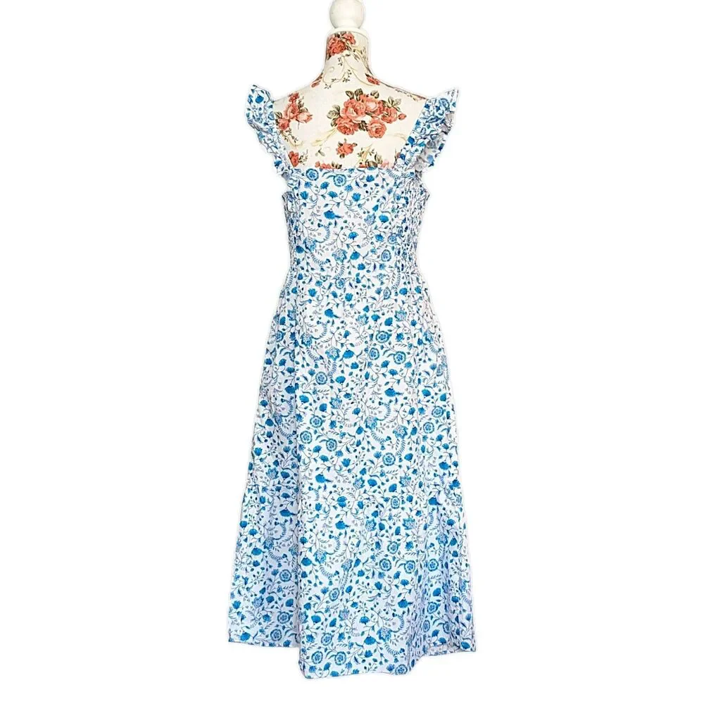 Draper James XL Maxi Sun Dress Ruffled White Blue Flounce Hem Beach Summer EUC